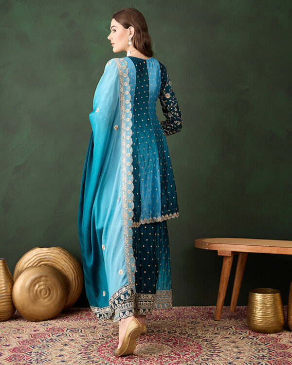 Blue Embroidered Chinon Flared Kurta Sharara Set