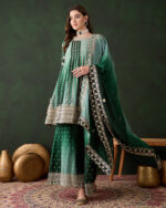 Green Embroidered Chinon Flared Kurta Sharara Set