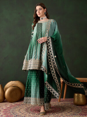 Green Embroidered Chinon Flared Kurta Sharara Set