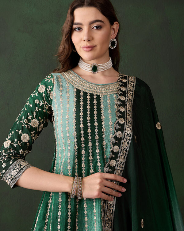 Green Embroidered Chinon Flared Kurta Sharara Set