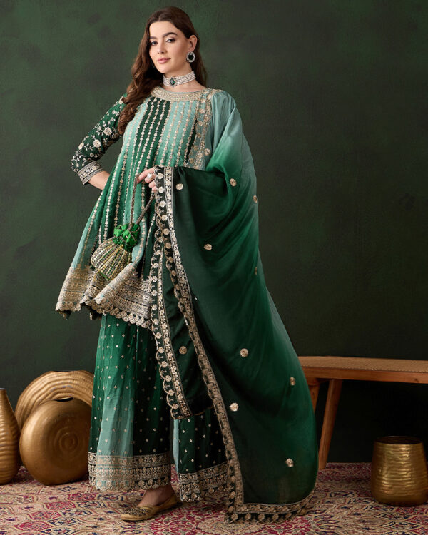 Green Embroidered Chinon Flared Kurta Sharara Set