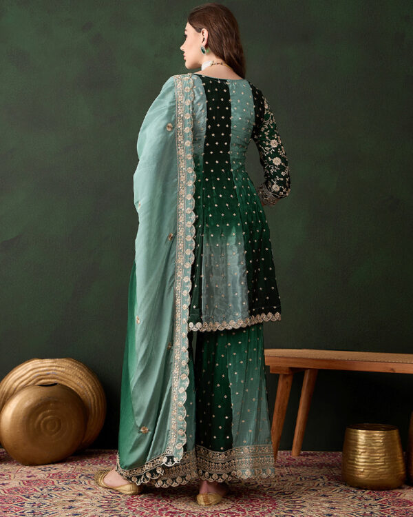 Green Embroidered Chinon Flared Kurta Sharara Set