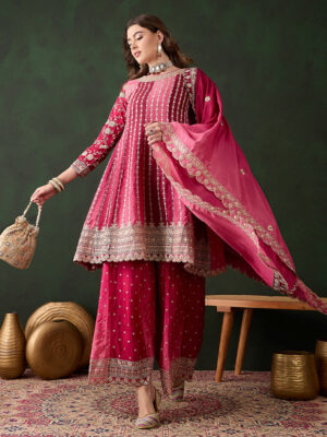 Pink Embroidered Chinon Flared Kurta Sharara Set