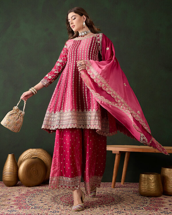 Pink Embroidered Chinon Flared Kurta Sharara Set