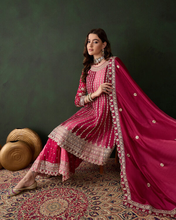 Pink Embroidered Chinon Flared Kurta Sharara Set