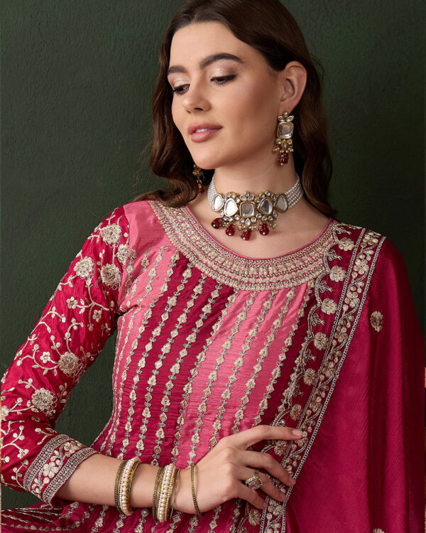 Pink Embroidered Chinon Flared Kurta Sharara Set