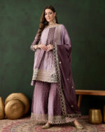 Purple Embroidered Chinon Flared Kurta Sharara Set