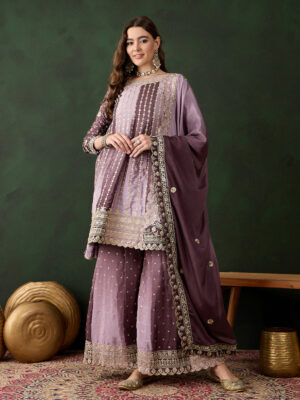 Purple Embroidered Chinon Flared Kurta Sharara Set