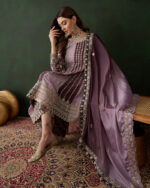 Purple Embroidered Chinon Flared Kurta Sharara Set