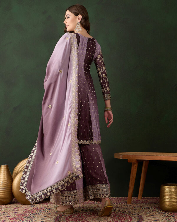 Purple Embroidered Chinon Flared Kurta Sharara Set