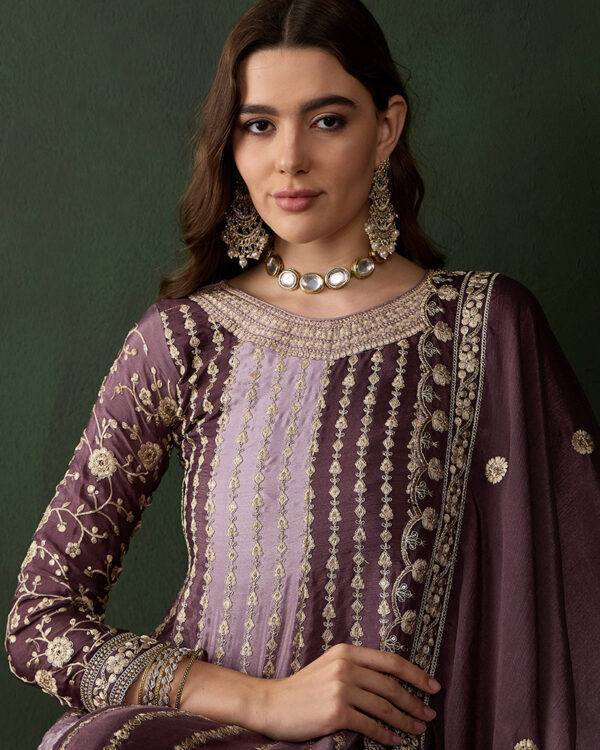 Purple Embroidered Chinon Flared Kurta Sharara Set