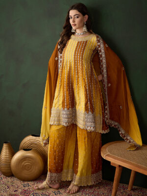 Yellow Embroidered Chinon Flared Kurta Sharara Set