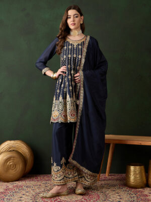 Blue Embroidered Chinon Flared Kurta Palazzo Set