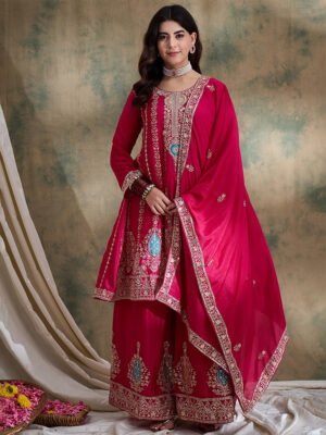 Pink Embroidered Chinon Flared Kurta Palazzo Set