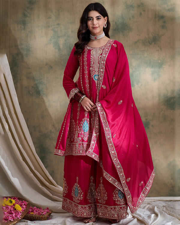 Pink Embroidered Chinon Flared Kurta Palazzo Set