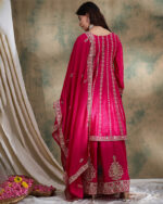 Pink Embroidered Chinon Flared Kurta Palazzo Set