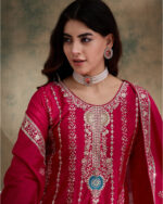 Pink Embroidered Chinon Flared Kurta Palazzo Set