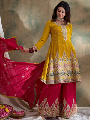 Yellow Embroidered Chinon Flared Kurta Palazzo Set