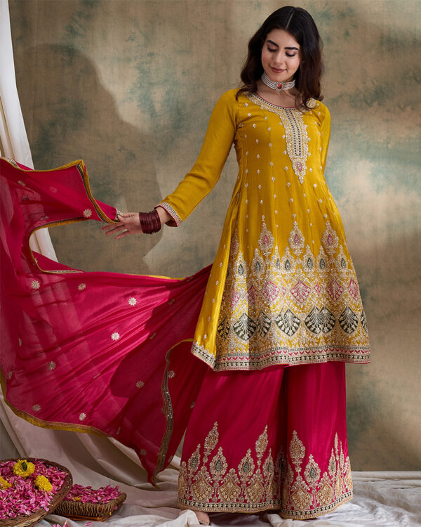 Yellow Embroidered Chinon Flared Kurta Palazzo Set