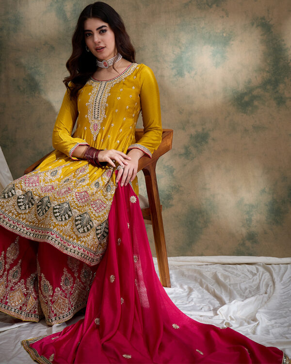 Yellow Embroidered Chinon Flared Kurta Palazzo Set