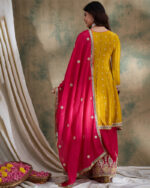 Yellow Embroidered Chinon Flared Kurta Palazzo Set