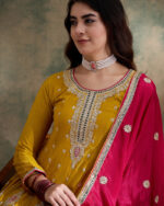 Yellow Embroidered Chinon Flared Kurta Palazzo Set