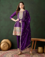 Purple Embroidered Chinon Flared Kurta Patiyala Set