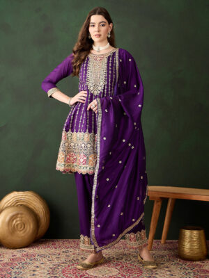 Purple Embroidered Chinon Flared Kurta Patiyala Set