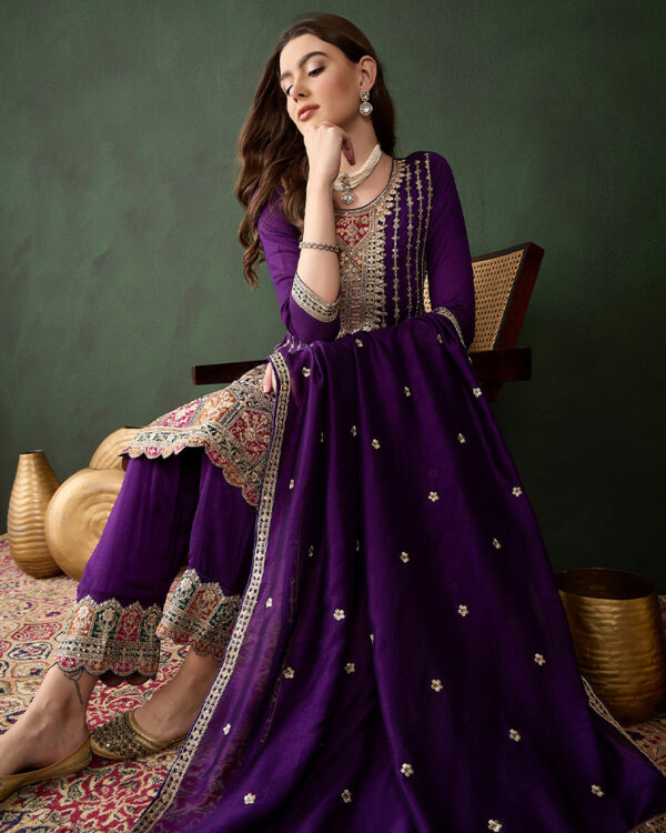 Purple Embroidered Chinon Flared Kurta Patiyala Set