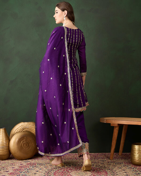 Purple Embroidered Chinon Flared Kurta Patiyala Set