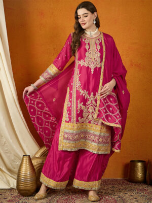 Dark Pink Embroidered Chinon Straight Kurta Palazzo Set