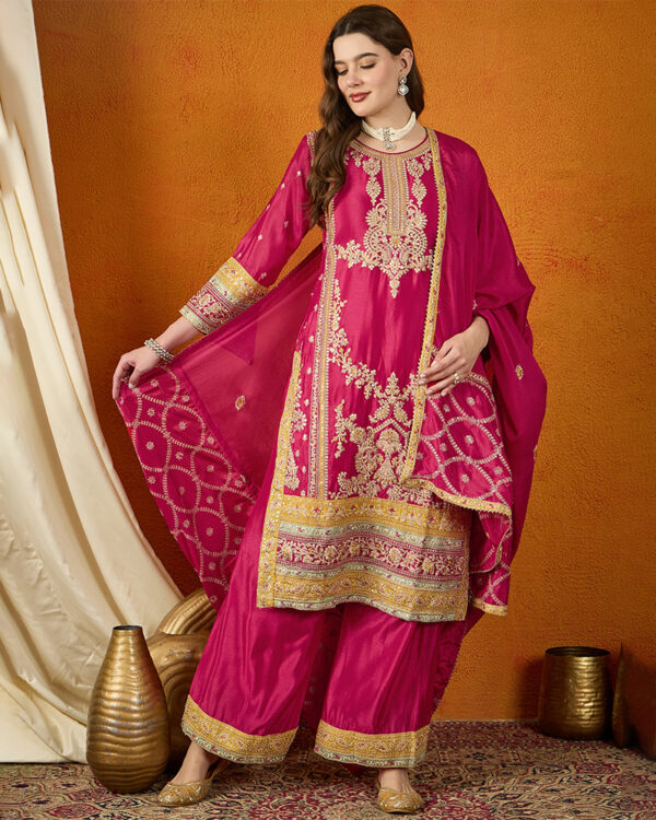 Dark Pink Embroidered Chinon Straight Kurta Palazzo Set