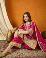 Dark Pink Embroidered Chinon Straight Kurta Palazzo Set