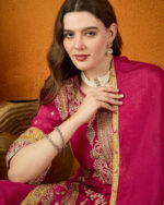 Dark Pink Embroidered Chinon Straight Kurta Palazzo Set