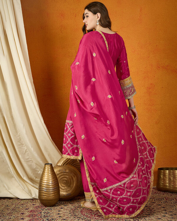 Dark Pink Embroidered Chinon Straight Kurta Palazzo Set