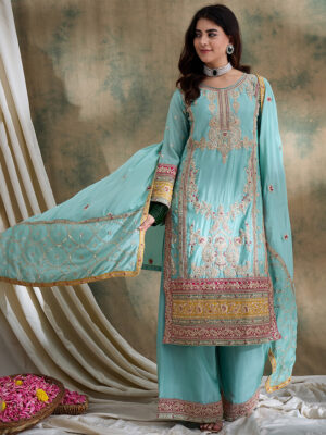 Firozi Embroidered Chinon Straight Kurta Palazzo Set