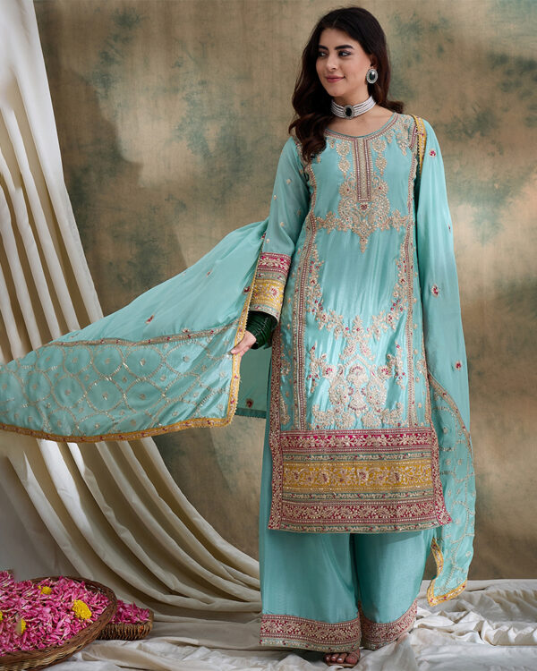 Firozi Embroidered Chinon Straight Kurta Palazzo Set