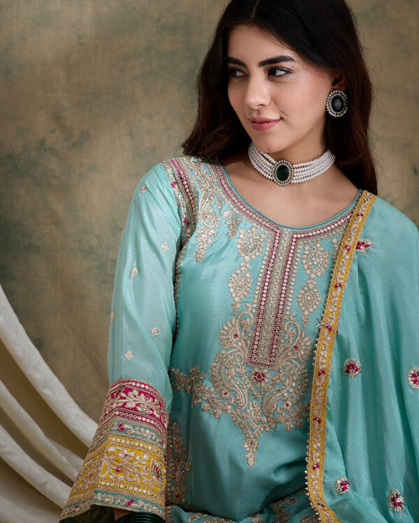 Firozi Embroidered Chinon Straight Kurta Palazzo Set