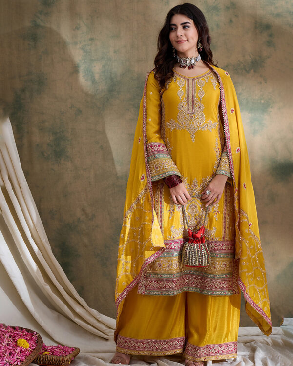 Yellow Embroidered Chinon Straight Kurta Palazzo Set