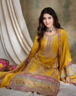 Yellow Embroidered Chinon Straight Kurta Palazzo Set