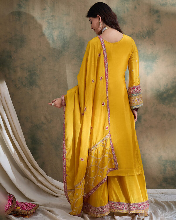 Yellow Embroidered Chinon Straight Kurta Palazzo Set