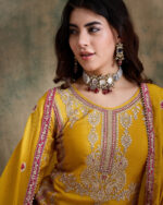 Yellow Embroidered Chinon Straight Kurta Palazzo Set