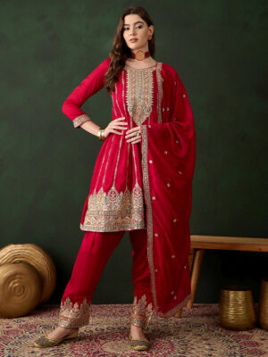 Maroon Embroidered Vichitra Silk Flared Kurta Patiyala Set