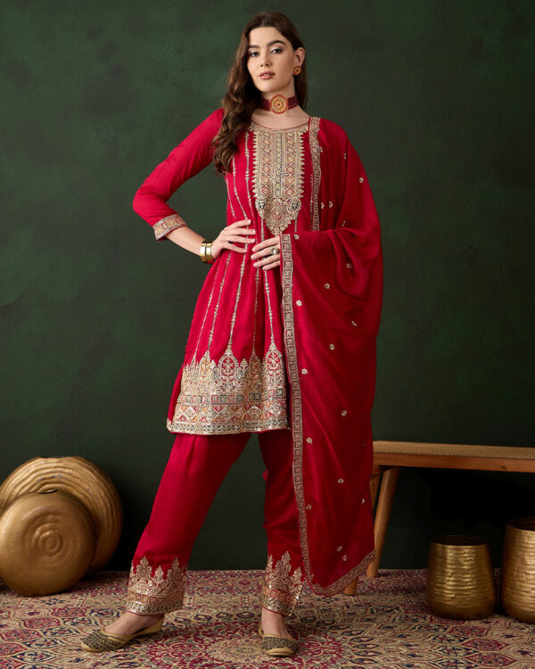 Maroon Embroidered Vichitra Silk Flared Kurta Patiyala Set