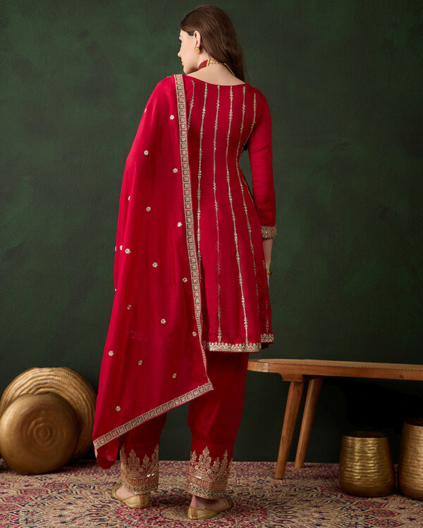 Maroon Embroidered Vichitra Silk Flared Kurta Patiyala Set