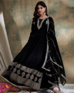 Black Embroidered Faux Georgette Anarkali Gown Set