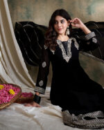 Black Embroidered Faux Georgette Anarkali Gown Set