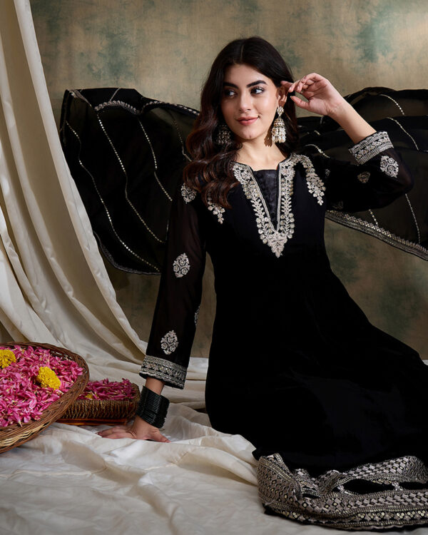 Black Embroidered Faux Georgette Anarkali Gown Set