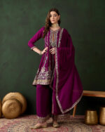 Purple Embroidered Chinon Flared Kurta Palazzo Set