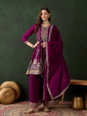 Purple Embroidered Chinon Flared Kurta Palazzo Set